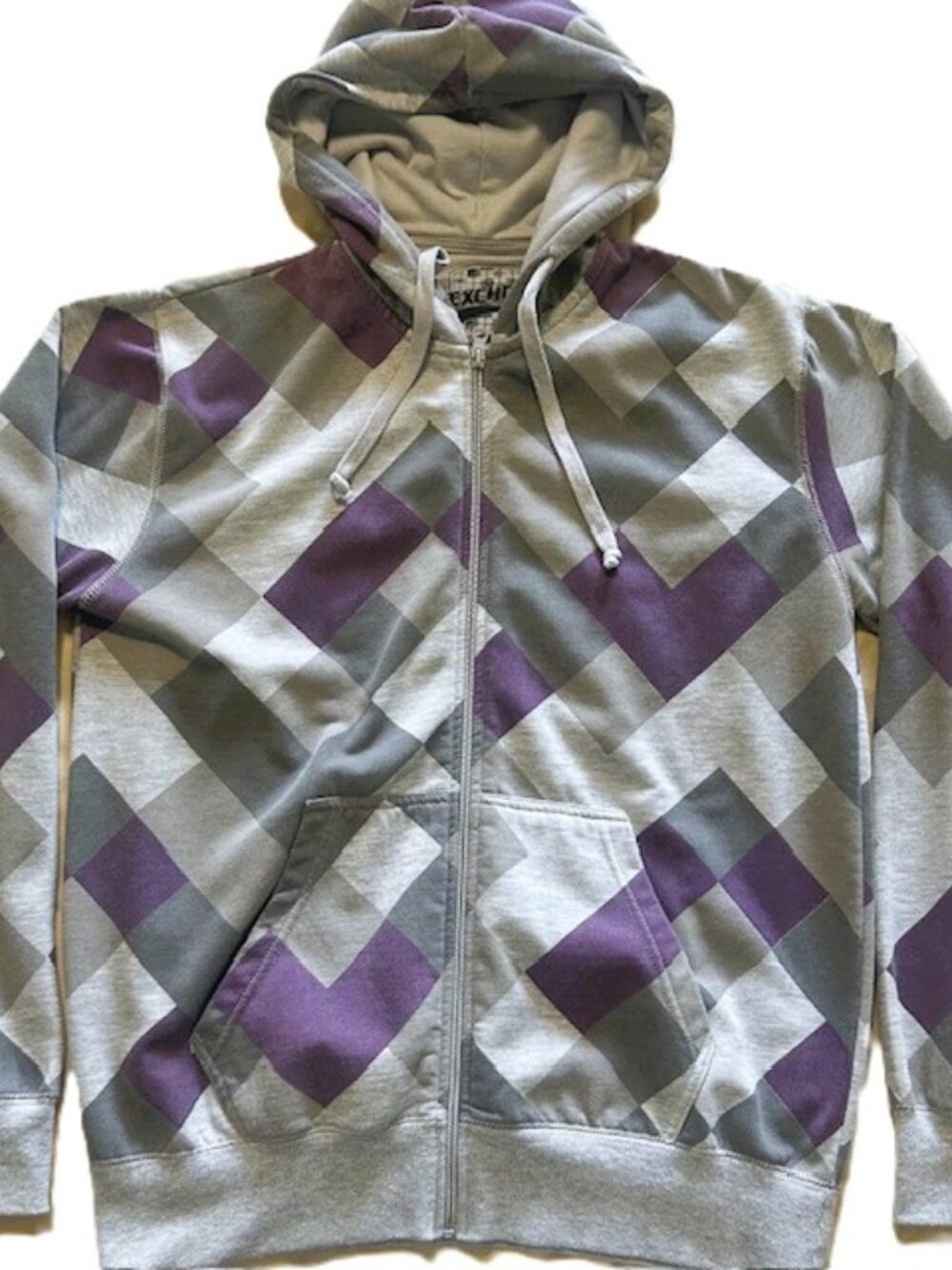 J Exchange Ladies Large Sweater Hoodie Gray Purple Full Zip  Kangaroo Pockets